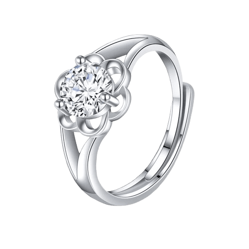 Silver Simple Flower Rhinestone-Embedded Open Ring